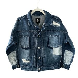 Art Class Drop Shoulder Distressed Patchwork Denim Jean Jacket Girl Size S (6/7)